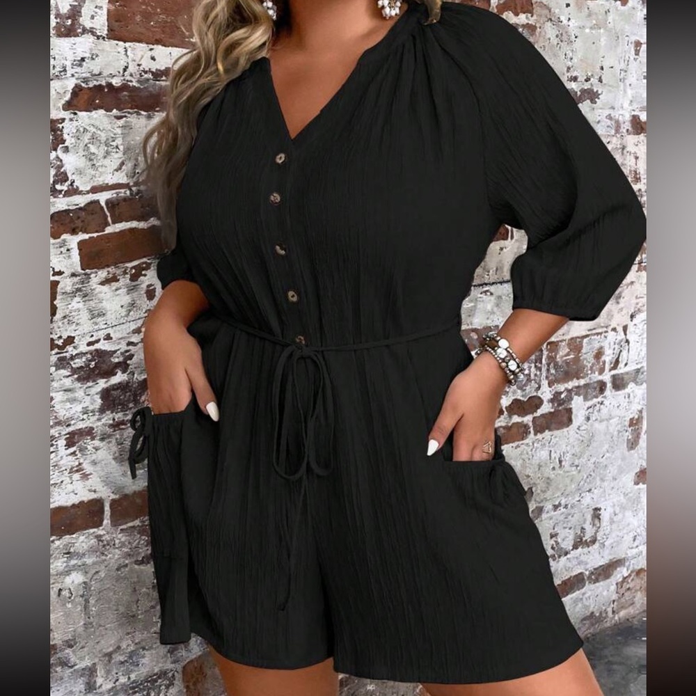 Plus Button Front Belted Romper